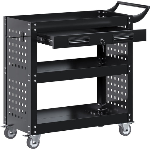 Professional 3 Tier Trolley Cart with Drawer 700x350x780mm Black |  SART212 Makfry