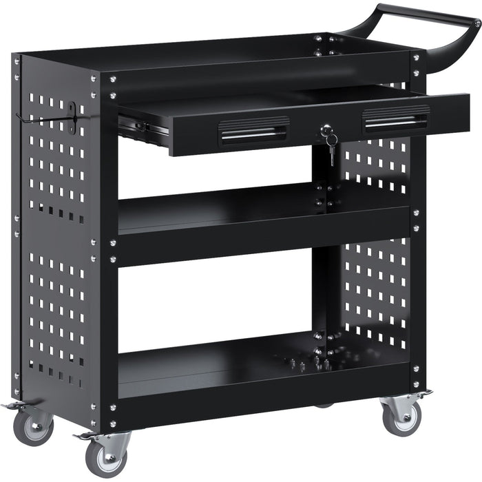Professional 3 Tier Trolley Cart with Drawer 700x350x780mm Black |  SART212 Makfry
