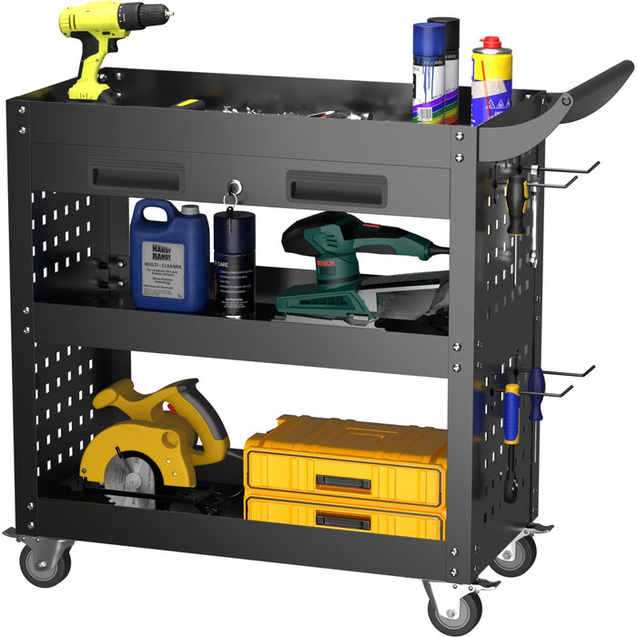 Professional 3 Tier Trolley Cart with Drawer 700x350x780mm Black |  SART212 Makfry