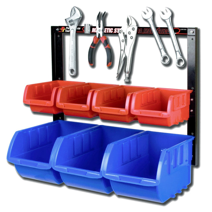 Wall Mounted Storage Rack with Magnetic Tool Holder and 7 Plastic Storage Bins 432x229x559mm |  SBRT1707 Makfry