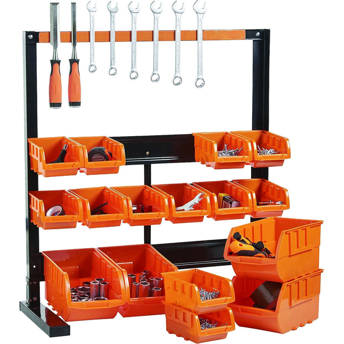 Professional 3 Tier Steel Floor Standing Storage Bin Rack with Magnetic Tool Holder and 16 Removable Bins 660x310x640mm |  SBRT2616 Makfry