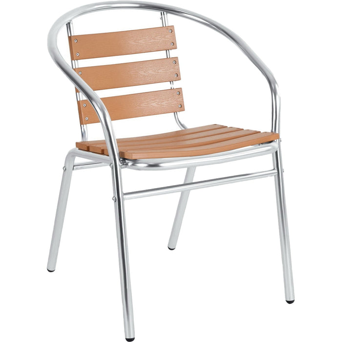 Bistro Dining Chair with Armrests Aluminium Frame Faux Wood Slats Indoors & Outdoors |  SC017W Makfry