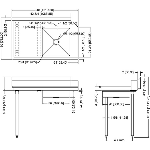 Commercial Stainless Steel Pass Through Dishwasher Table With Sink Left 1219mm Width | Sdt48 L Makfry