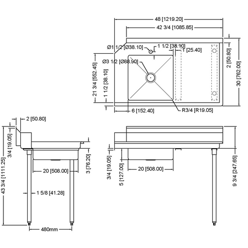Commercial Stainless Steel Pass Through Dishwasher Table With Sink Right 1219mm Width | Sdt48 R Makfry
