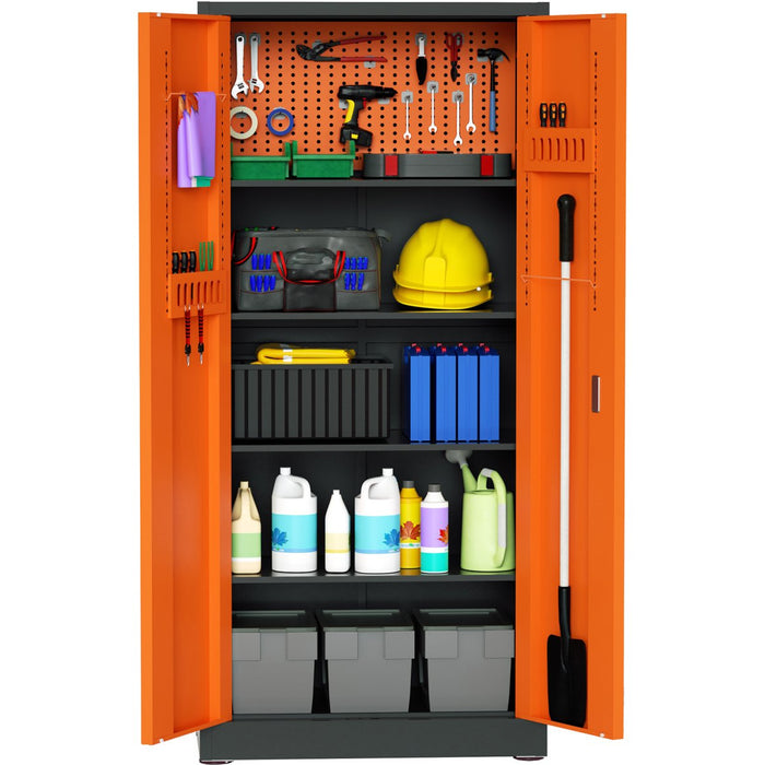 Heavy Duty Grey And Orange 2 Door Lockable Steel Tool Cabinet With 4 Shelves &Amp; Pegboard 800x400x1800mm |  Setc1 Greyorange Makfry