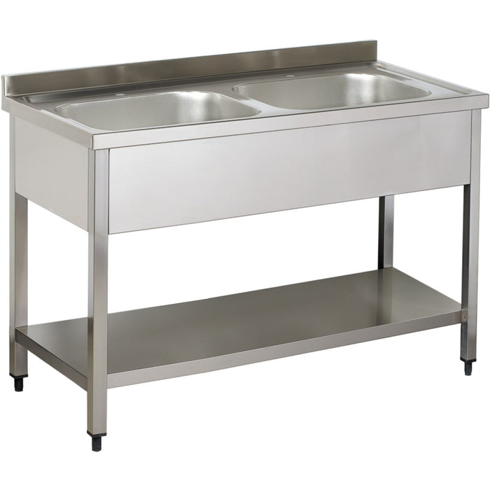 B GRADE Commercial Sink Stainless steel 2 bowls Bottom shelf Splashback 1400mm Depth 700mm |  VS147BT B GRADE