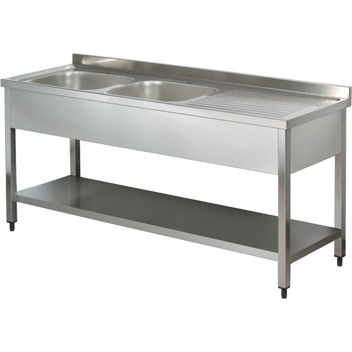 B Grade Commercial Sink Stainless Steel 2 Bowls Left Bottom Shelf Splashback 1600mm Depth 700mm | Vs167 Lbt B Grade Makfry