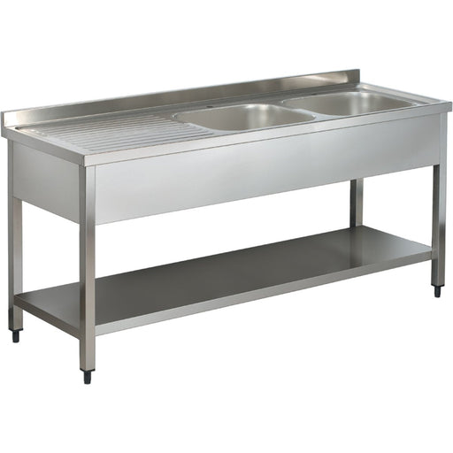 Commercial Sink Stainless Steel 2 Bowls Right Bottom Shelf Splashback 1600mm Depth 700mm | Vs167 Rbt Makfry