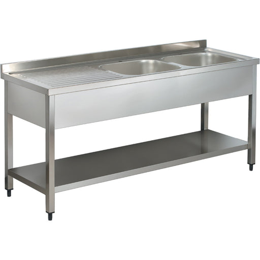 Commercial Sink Stainless Steel 2 Bowls Right Bottom Shelf Splashback 1400mm Depth 700mm | Vs147 Rbt Makfry
