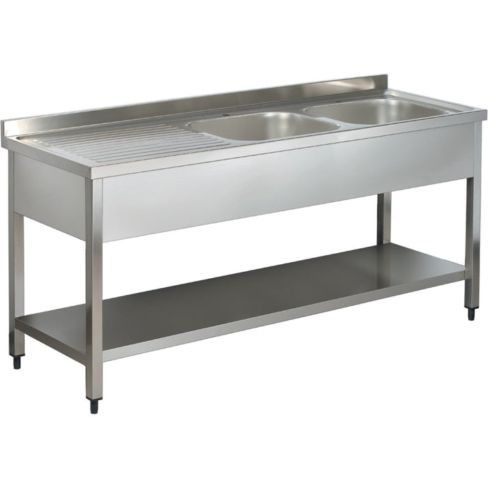 Commercial Sink Stainless Steel 2 Bowls Right Bottom Shelf Splashback 1400mm Depth 700mm | Vs147 Rbt Makfry