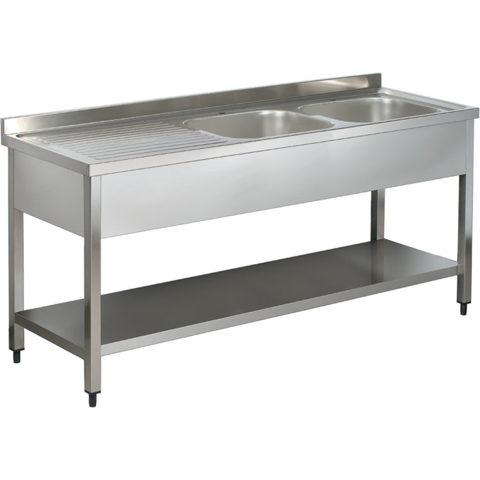 B GRADE Commercial Sink Stainless steel 2 bowls Right Bottom shelf Splashback 1400mm Depth 600mm |  VS146RBT B GRADE