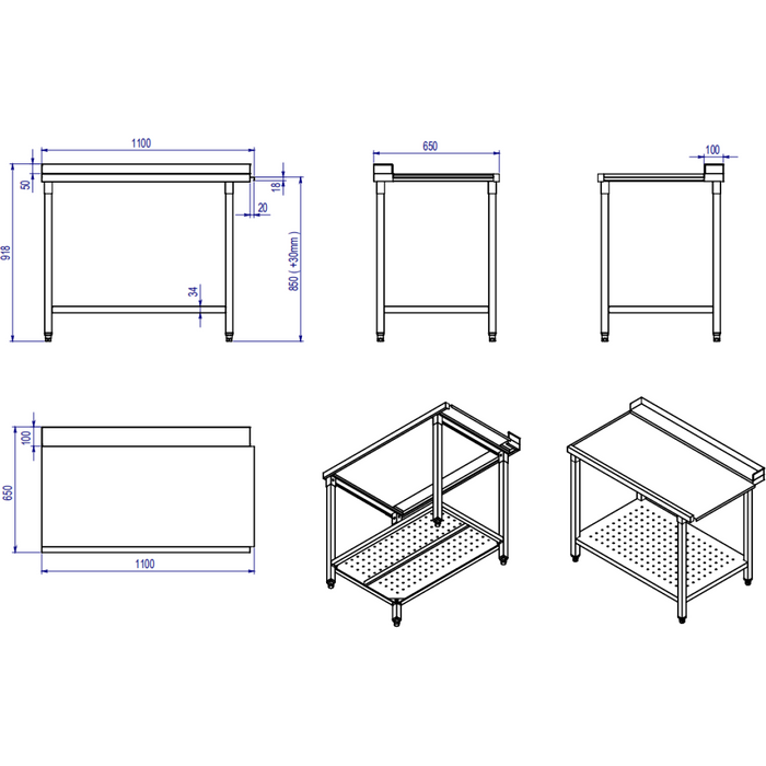 Unloading table Left side 1100x650x850mm With bottom shelf With splashback Stainless steel |  SWB11065R