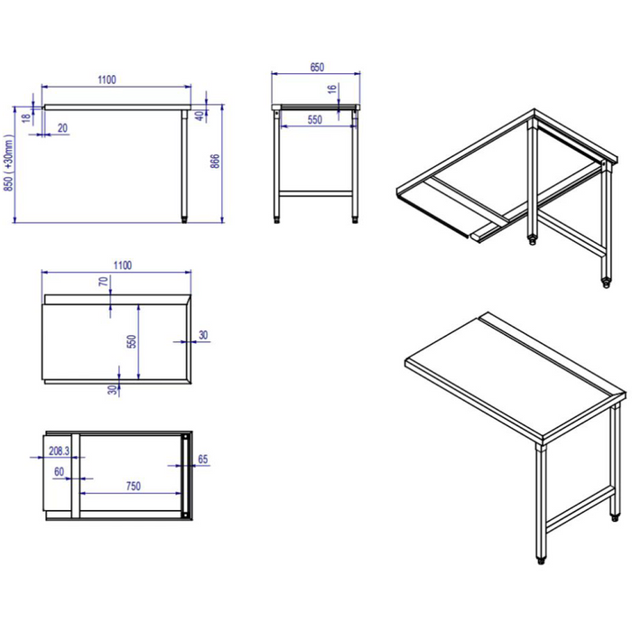 Unloading table Left side 1100x650x850mm No bottom shelf No splashback Stainless steel |  SWT11065R