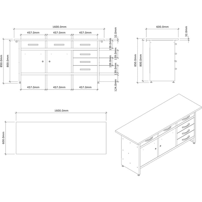 B GRADE Professional Grey & Black Workshop Workbench with 30mm wooden desktop 6 drawers & 2 lockable doors 1600x600x850mm |  TC008 B GRADE