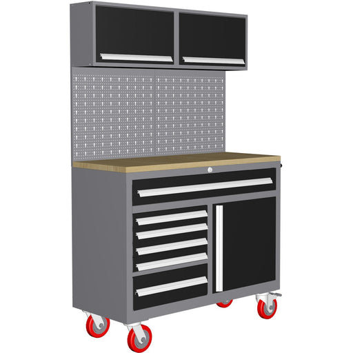 Garage Workstation Set With Wooden Desktop, 6 Drawers, 2 Top Tool Cabinets, And 1 Lower Cupboard, 1200x500x1870mm | Tc063 Makfry