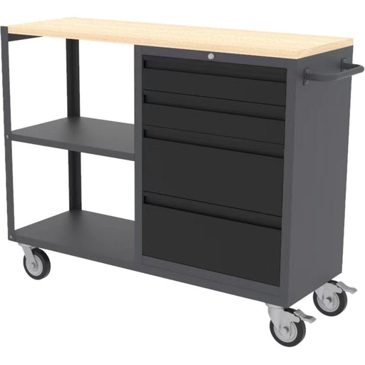 Professional Mobile Grey And Black Tool Cabinet With 4 Drawers And 2 Shelves Wooden Worktop 1480x500x1000mm | Tc097 Makfry