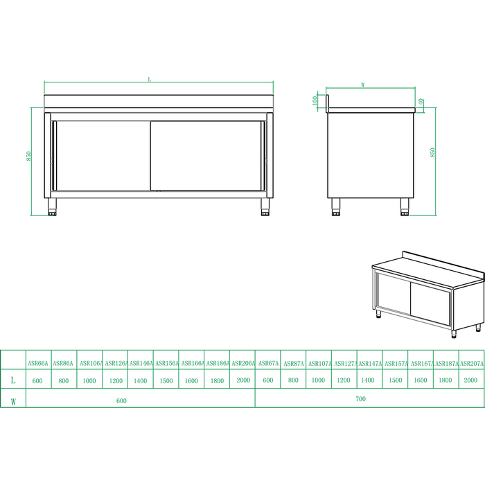 B GRADE Commercial Worktop Floor Cupboard Sliding doors Stainless steel Width 1400mm Depth 700mm Upstand |  THASR147A B GRADE