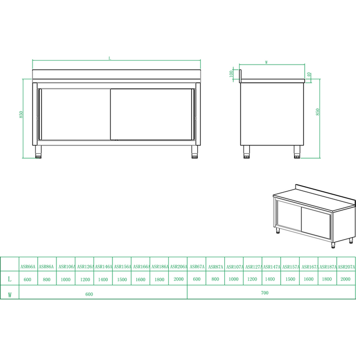 B GRADE Commercial Worktop Floor Cupboard Sliding doors Stainless steel Width 1400mm Depth 600mm Upstand |  VTC146SLB B GRADE