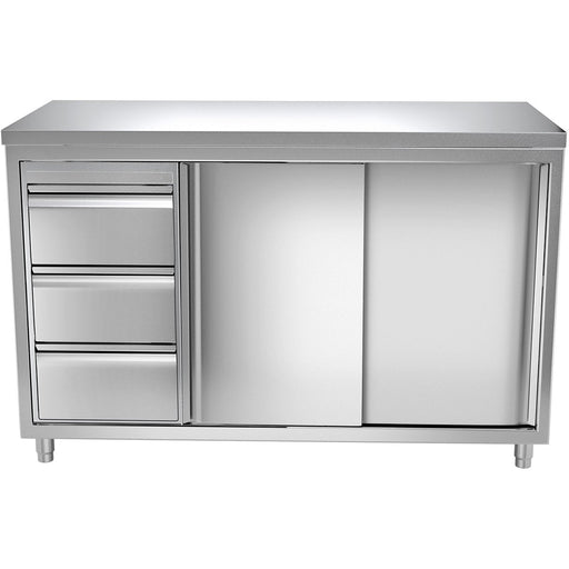 Commercial Worktop Floor Cupboard 3 Drawers Left 2 Sliding Doors Stainless Steel Width 1600mm Depth 700mm | Thasr167 L3 Makfry