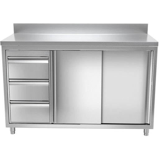 Commercial Worktop Floor Cupboard 3 Drawers Left 2 Sliding Doors Stainless Steel Width 1600mm Depth 700mm Upstand | Thasr167 L3 A Makfry