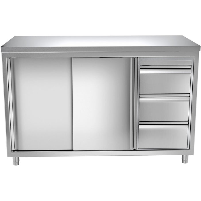 B GRADE Commercial Worktop Floor Cupboard 3 drawers Right 2 sliding doors Stainless steel Width 1600mm Depth 600mm |  THASR166R3 B GRADE