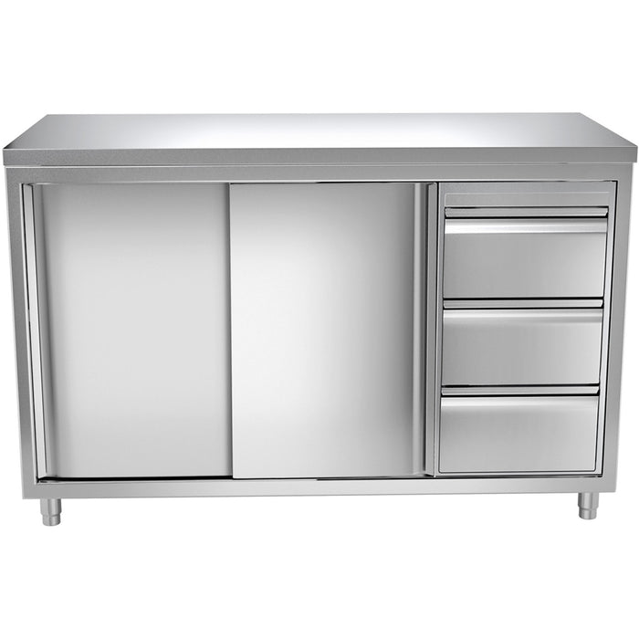 B GRADE Commercial Worktop Floor Cupboard 3 drawers Right 2 sliding doors Stainless steel Width 1600mm Depth 700mm |  THASR167R3 B GRADE