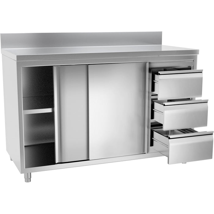 B GRADE Commercial Worktop Floor Cupboard 3 drawers Right 2 sliding doors Stainless steel Width 1600mm Depth 700mm Upstand |  VTC167R3B B GRADE