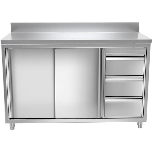 Commercial Worktop Floor Cupboard 3 Drawers Right 2 Sliding Doors Stainless Steel 1400x700x850mm Upstand | Vtc147 R3 B Makfry