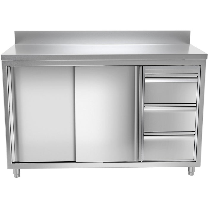 B GRADE Commercial Worktop Floor Cupboard 3 drawers Right 2 sliding doors Stainless steel 1400x600x850mm  Upstand |  VTC146R3B B GRADE