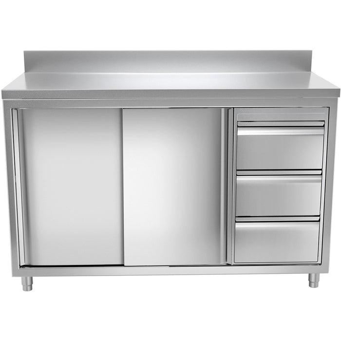 B GRADE Commercial Worktop Floor Cupboard 3 drawers Right 2 sliding doors Stainless steel Width 1600mm Depth 700mm Upstand |  VTC167R3B B GRADE