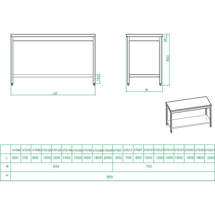Professional Work table Stainless steel Bottom shelf 600x600x900mm |  THATS66 Makfry