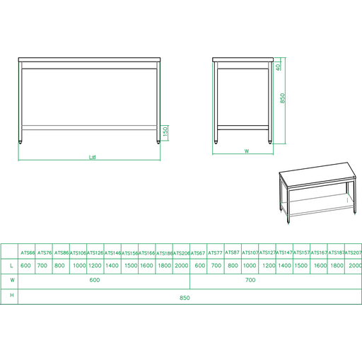 Professional Work table Stainless steel Bottom shelf 800x600x900mm |  THATS86 Makfry