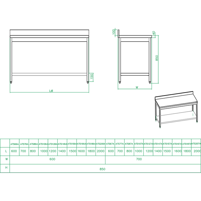 B GRADE Professional Work table Stainless steel Bottom shelf Upstand 1000x600x950mm |  THATS106A B GRADE