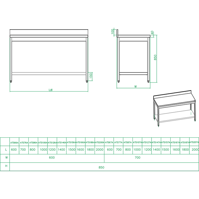 Professional Work Table Stainless Steel Bottom Shelf Upstand 1500x600x900mm | Thats156 A Makfry