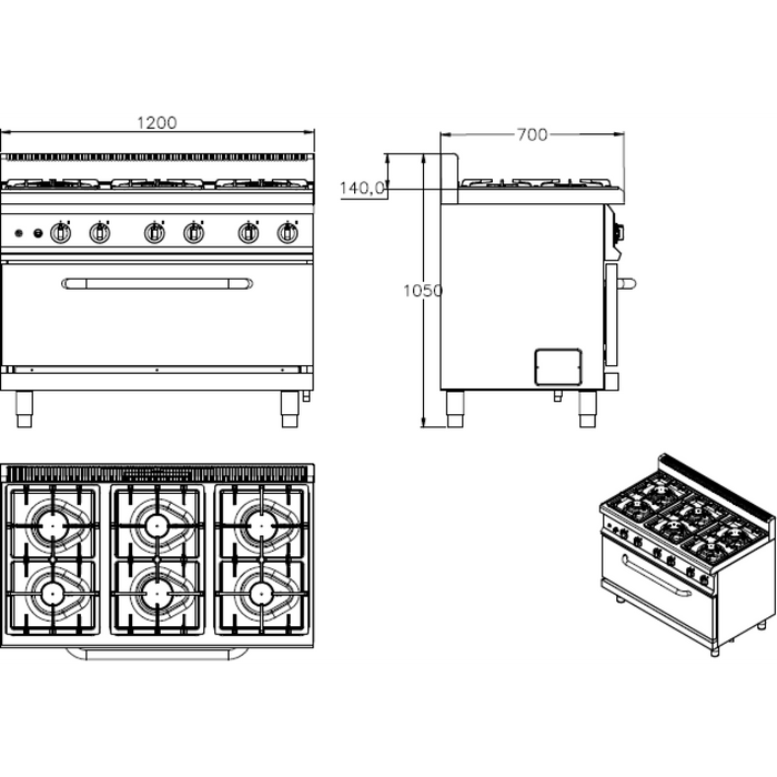 Professional Gas range 6 burners 30kW Gas oven 5.8kW |  THG7F6PWFG1