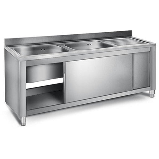 Commercial Sink With Cupboard Stainless Steel 2 Bowls Left Splashback Width 1400mm Depth 700mm | Vsc147 Lbt Makfry