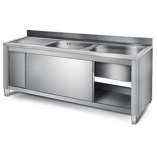 Commercial Sink With Cupboard Stainless Steel 2 Bowls Right Splashback Width 1800mm Depth 600mm | Thssr186 Br2 Makfry