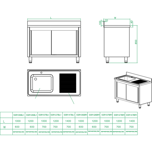 Commercial Sink With Cupboard Stainless Steel 1 Bowl Left Splashback Width 1200mm Depth 700mm |  Thssr127 Bl1 Makfry