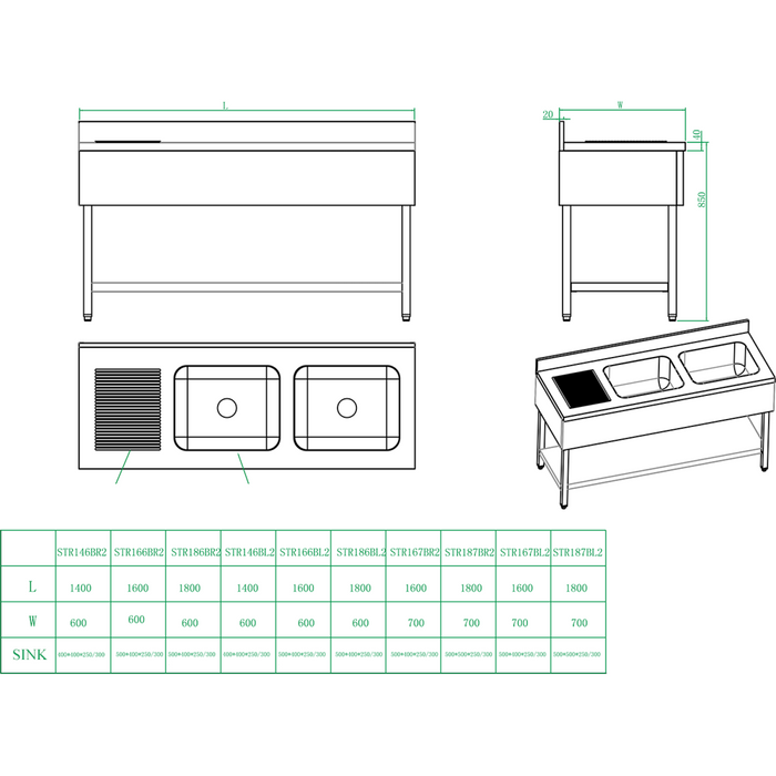 B Grade Commercial Sink Stainless Steel 2 Bowls Left Bottom Shelf Splashback 1600mm Depth 700mm | Vs167 Lbt B Grade Makfry
