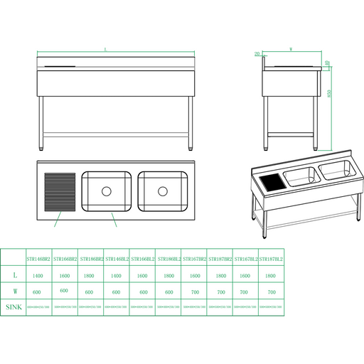 B Grade Commercial Sink Stainless Steel 2 Bowls Left Bottom Shelf Splashback 1400mm Depth 600mm | Vs146 Lbt B Grade Makfry