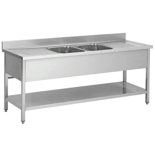 Commercial Sink Stainless Steel 2 Bowls Bottom Shelf Splashback 2000mm Depth 700mm | Vs207 Bt Makfry