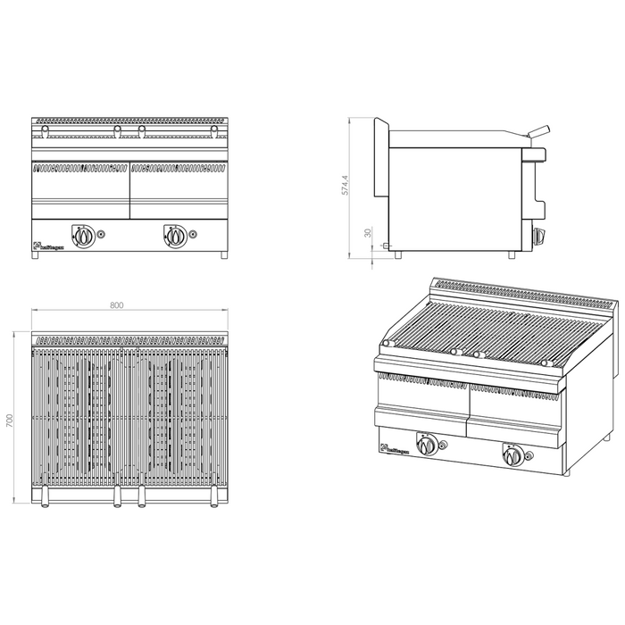 Professional Vapour Grill Gas on Open base 6 burners 22kW |  VG8070GT-KS8070