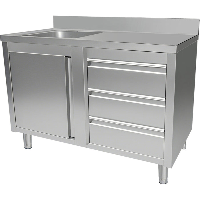 Commercial Sink With Cupboard And 3 Drawers Stainless Steel 1 Bowl Left Splashback 1200x600x950mm | Vsc126 Lbs3 Rd Makfry