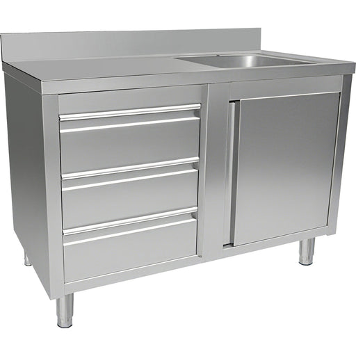 Commercial Sink With Cupboard And 3 Drawers Stainless Steel 1 Bowl Right Splashback 1200x600x950mm | Vsc126 Rbs3 Ld Makfry