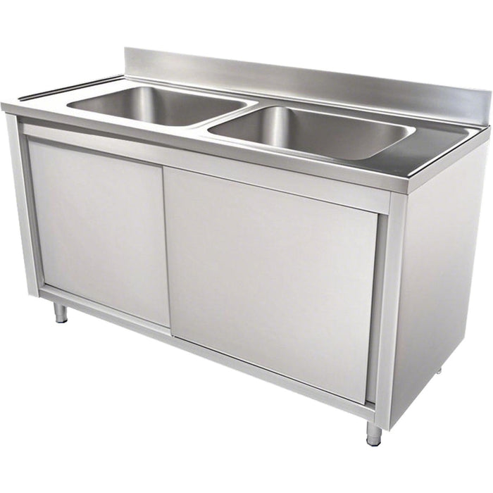Commercial Sink With Cupboard Stainless Steel 2 Bowls Centre Splashback 1400x700x950mm | Vsc147 Bt Makfry