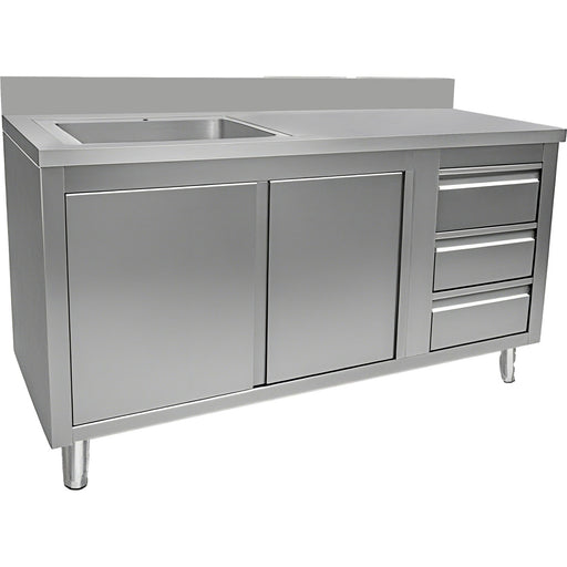 Commercial Sink With Cupboard And 3 Drawers Stainless Steel 1 Bowl Left Splashback 1500x600x950mm | Vsc156 Lbs3 Rd Makfry