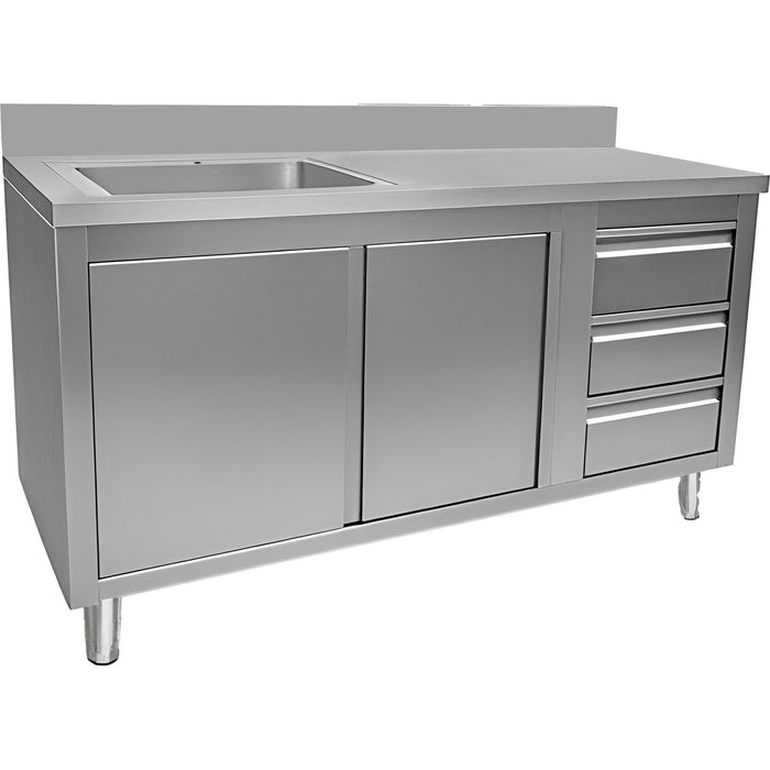 Commercial Sink With Cupboard And 3 Drawers Stainless Steel 1 Bowl Left Splashback 1500x600x950mm | Vsc156 Lbs3 Rd Makfry
