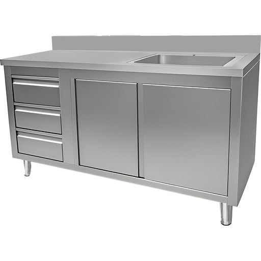 Commercial Sink With Cupboard And 3 Drawers Stainless Steel 1 Bowl Right Splashback 1500x600x950mm | Vsc156 Rbs3 Ld Makfry