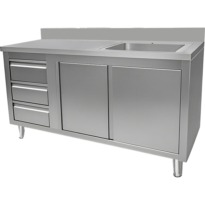 Commercial Sink With Cupboard And 3 Drawers Stainless Steel 1 Bowl Right Splashback 1500x600x950mm | Vsc156 Rbs3 Ld Makfry