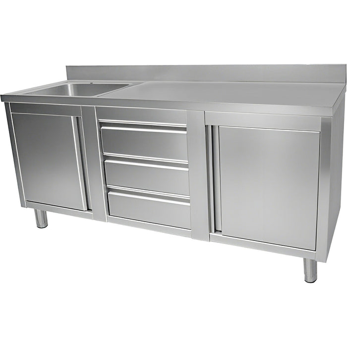 Commercial Sink With 2 Cupboards And 3 Drawers Stainless Steel 1 Bowl Left Splashback 1800x600x950mm | Vsc186 Lbs3 Md Makfry